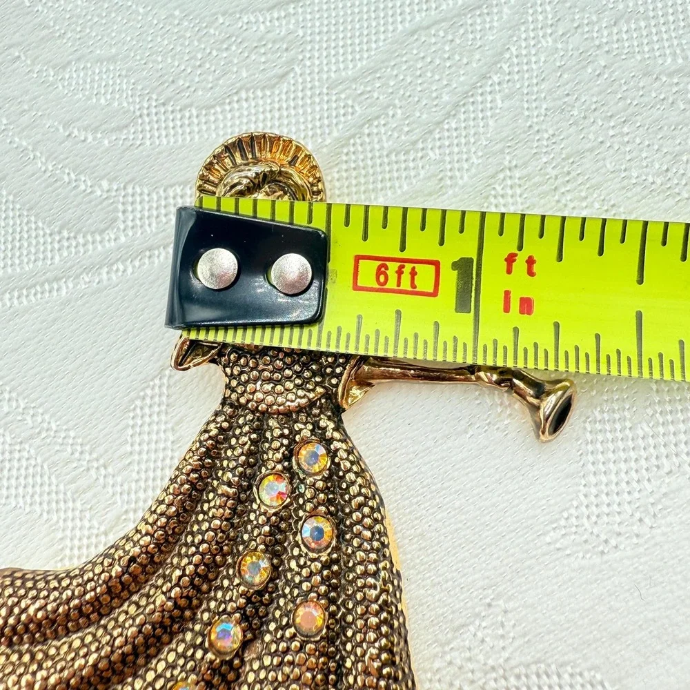 Vintage Gold Tone Girl Playing Alphorn Instrument Brooch w/ AB Rhinestones
